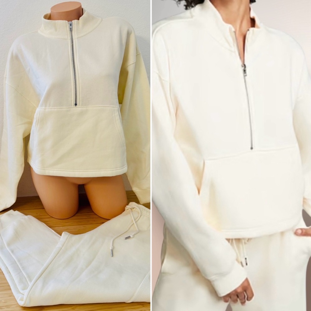 PINK Victoria’Secret Ivy Fleece Half Zip Cropped & Jogger Sweatpants Cream S